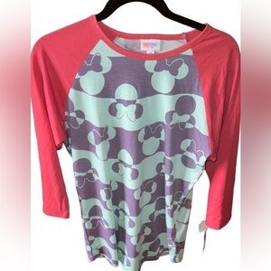 Lularoe Size M Minnie Mouse Disney Randy tee, coral sleeve, mint & lavender body
